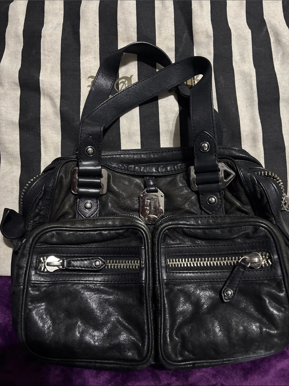 LAMB BLACK Leather Messenger Bag with Dual Front Zippers